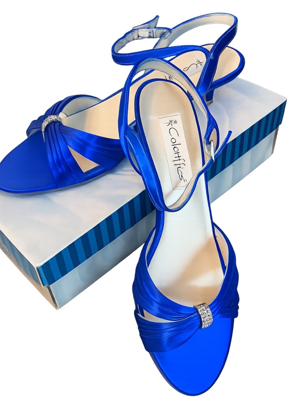 Coloriffics Cobalt blue 1” dressy heel with bling accent.